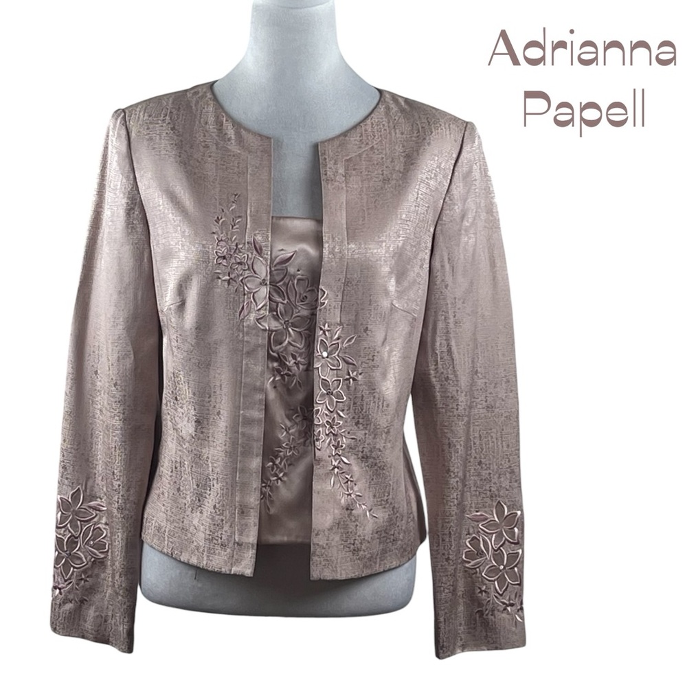 Anthropologie Adrianna Papell Pastel Metallic Pink Beaded Silk Jacket Size 8
